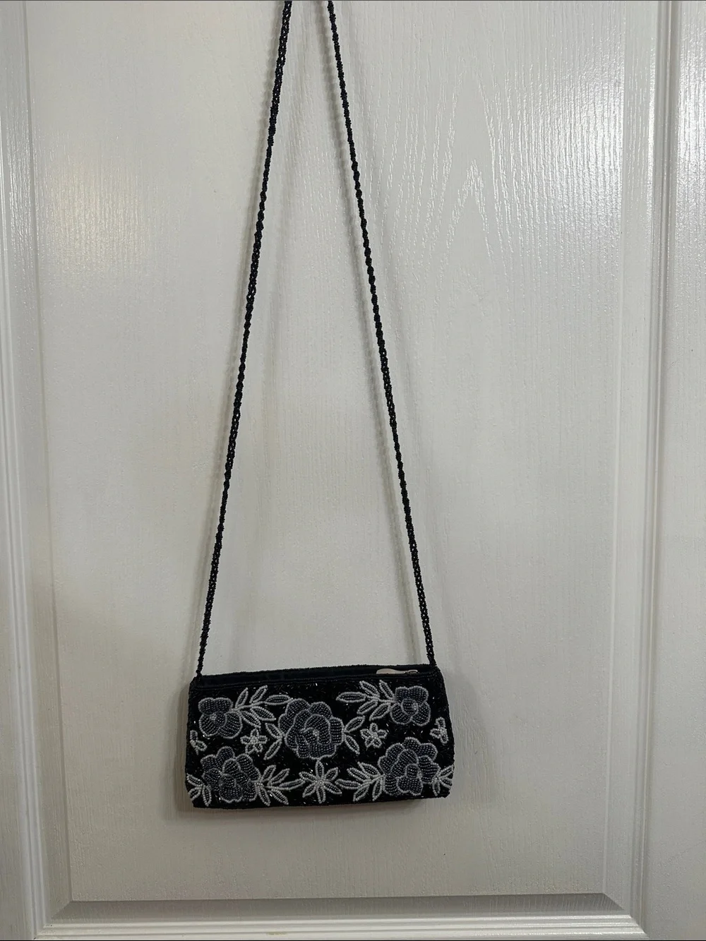 Vintage Black Clutch with White Floral Beading
